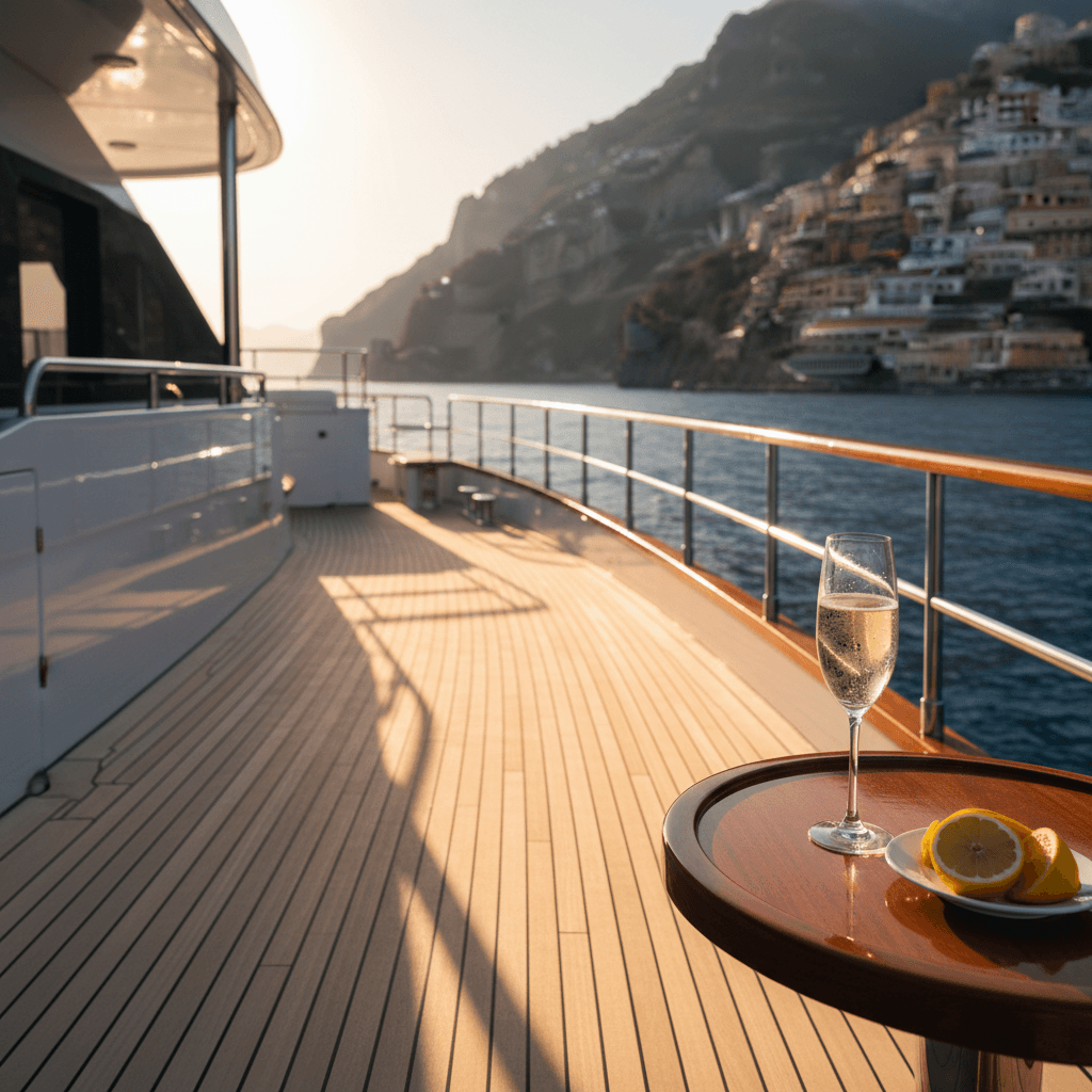 Luxury yacht charter on the Amalfi Coast at sunset