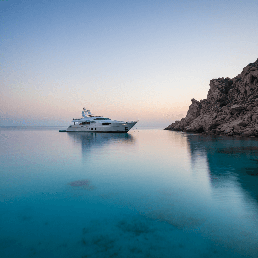 Luxury yacht anchored in pristine Sardinian Mediterranean waters at twilight