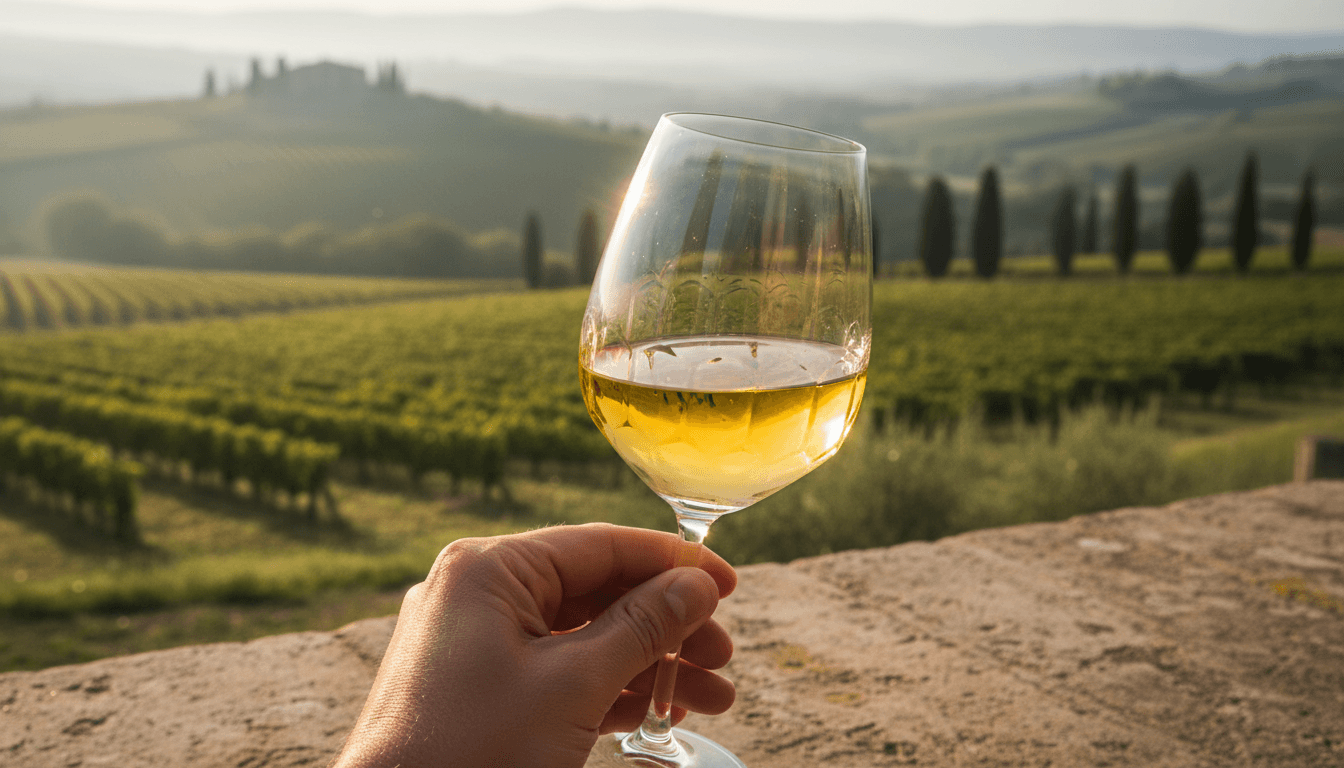 Crystal wine glass overlooking rolling Tuscan vineyards