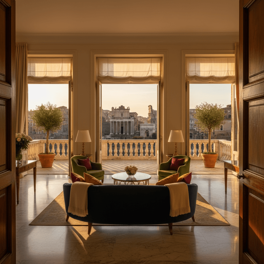 Luxury five-star hotel suite in Rome with view of the Forum