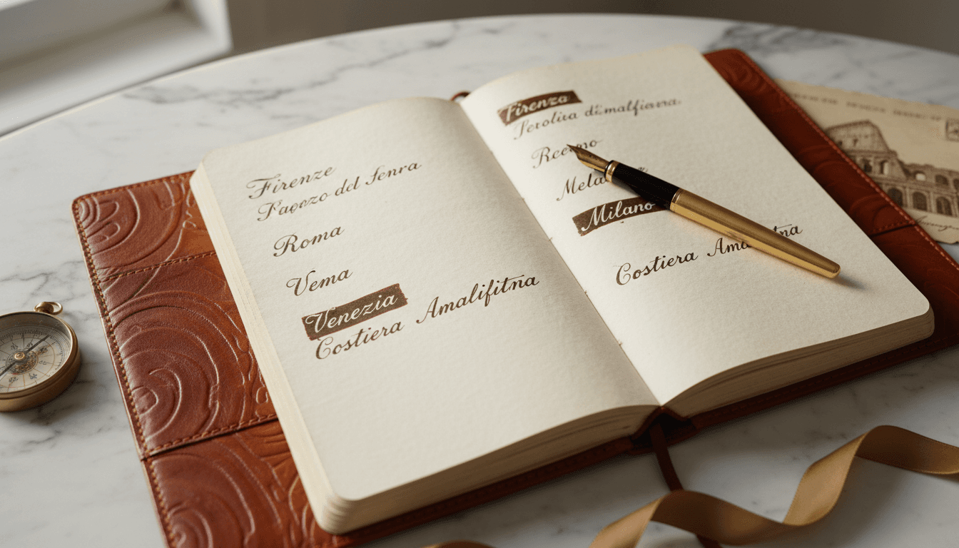 Luxury travel journal with handwritten itinerary and vintage planning details