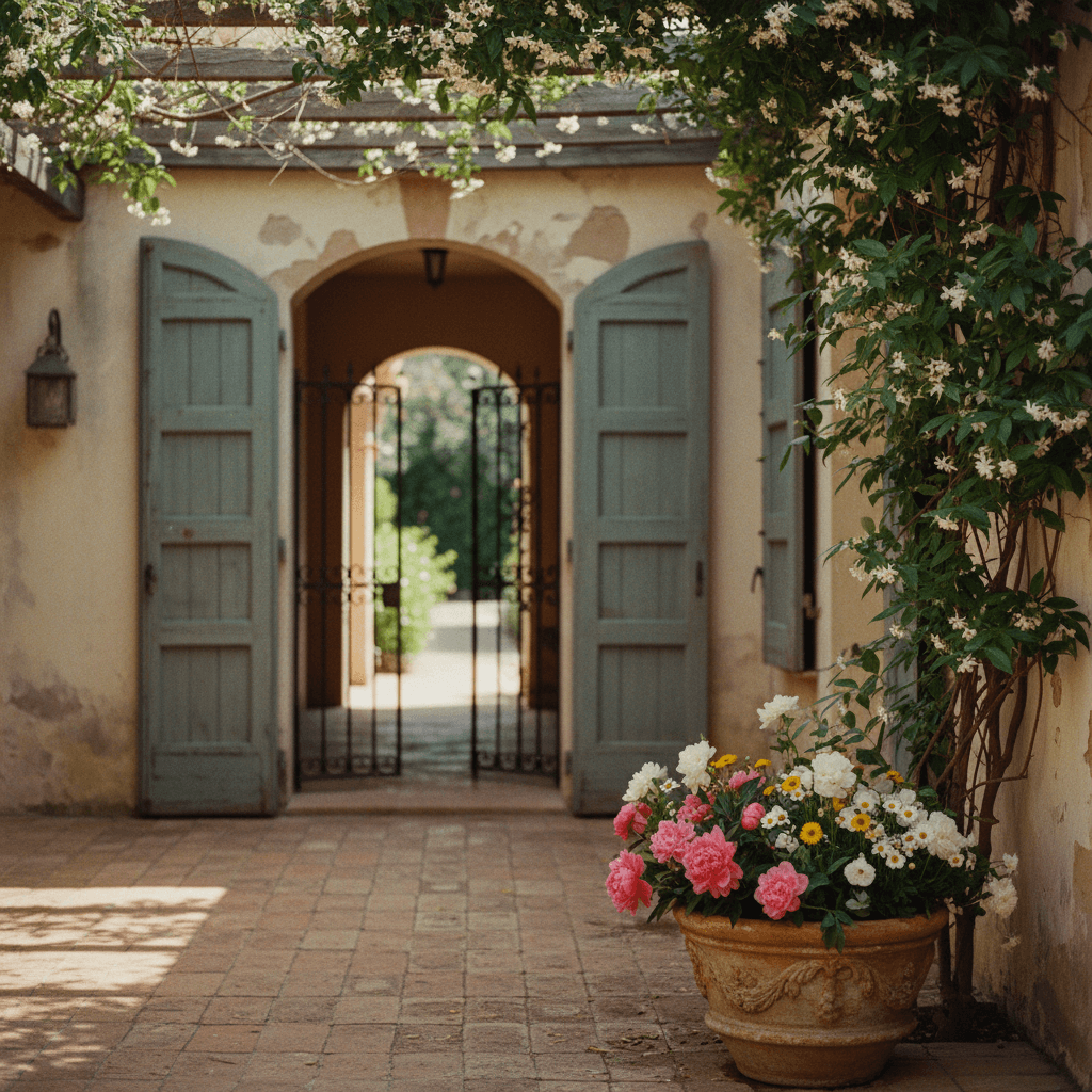 Tuscan private villa courtyard with jasmine and terracotta details