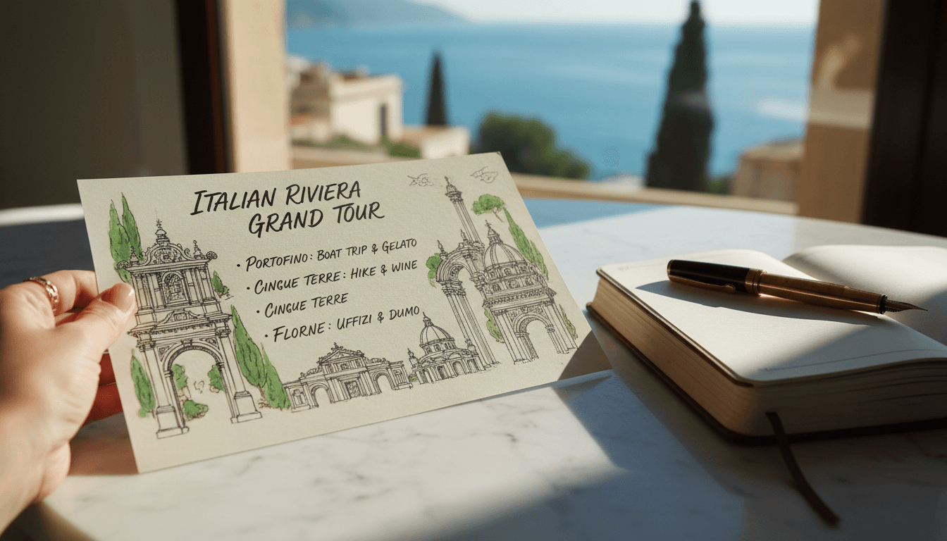 Handwritten luxury travel itinerary on marble surface with fountain pen