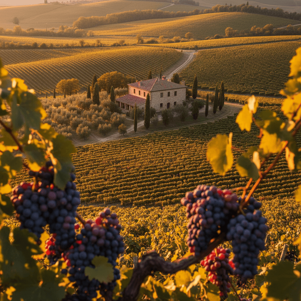 Tuscan vineyard landscape with traditional stone villa during golden hour