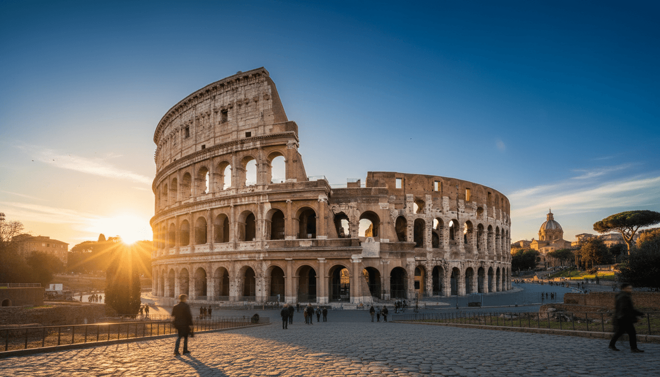 Ancient Roman Colosseum bathed in golden hour light