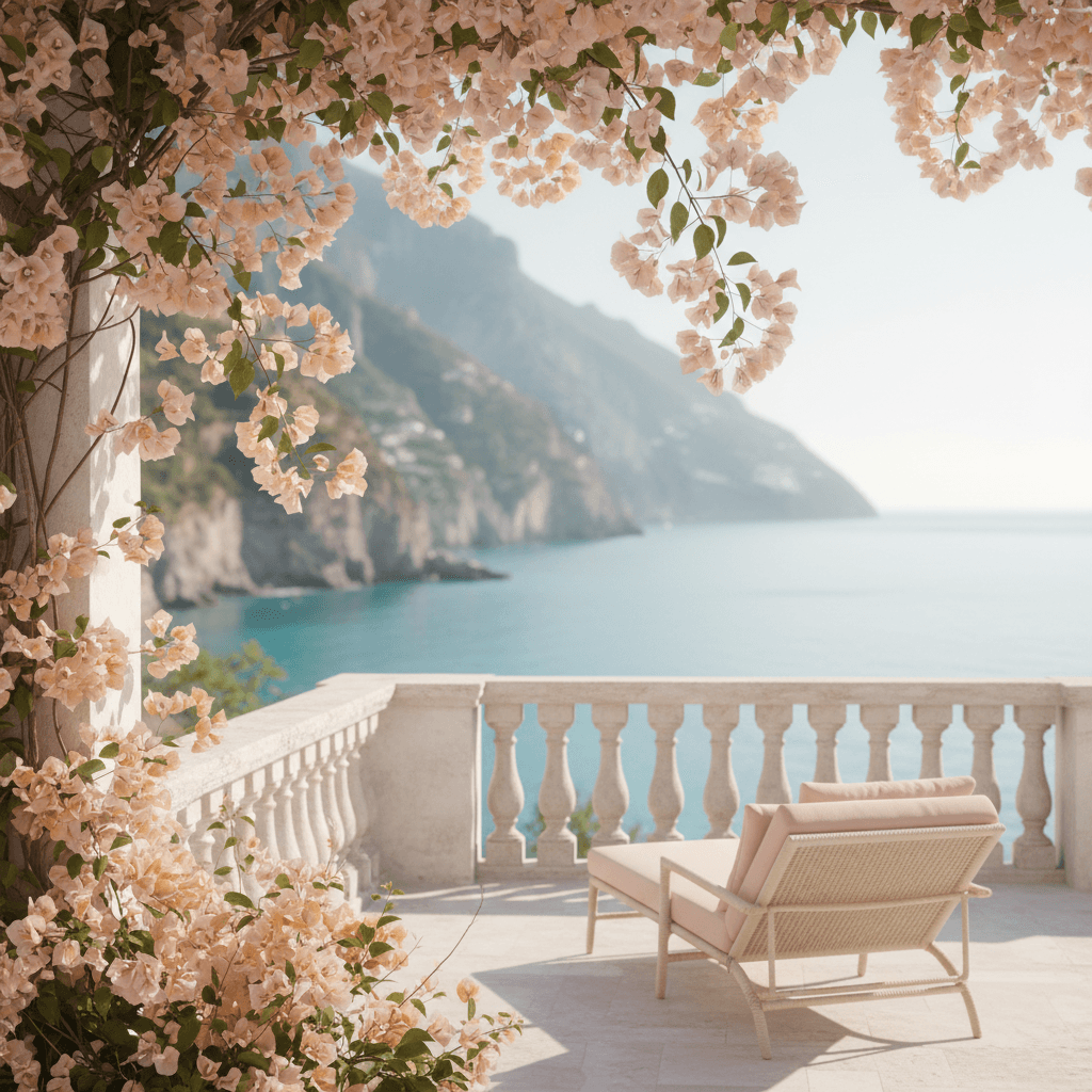 Private villa terrace with bougainvillea overlooking turquoise Amalfi waters