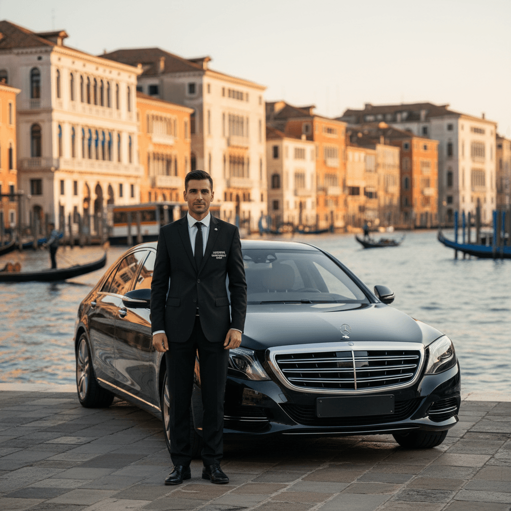 Professional chauffeur with luxury sedan overlooking Venice