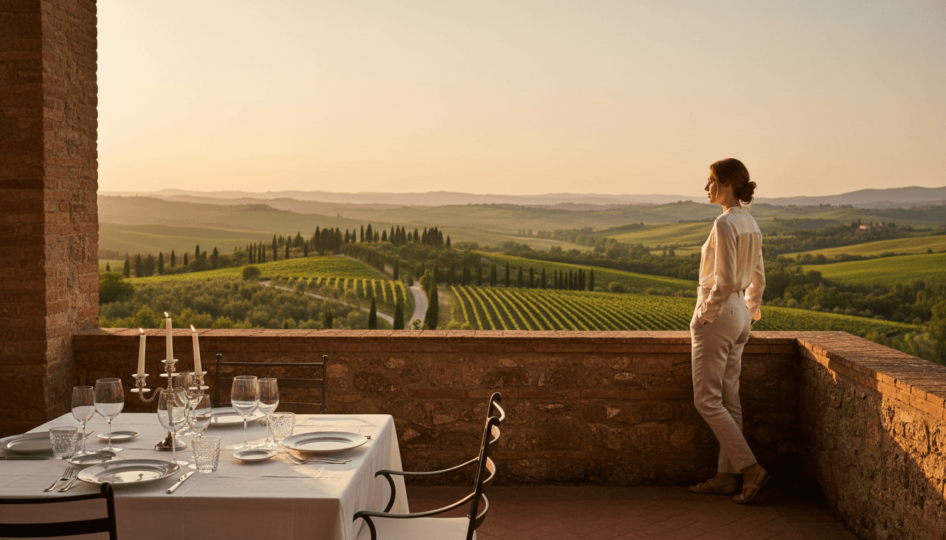 Luxury Italian villa terrace overlooking Tuscan hills at golden hour