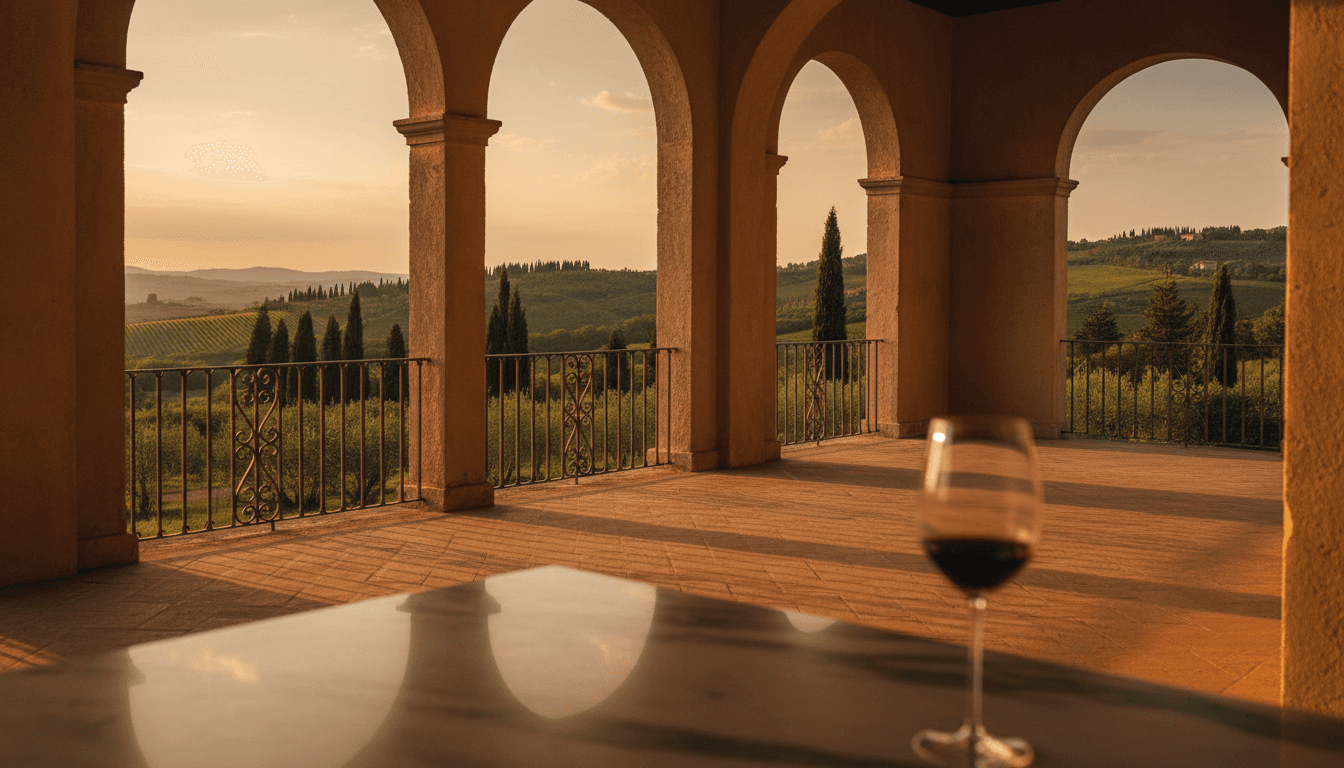 Tuscan villa terrace at golden hour with wine glass overlooking countryside