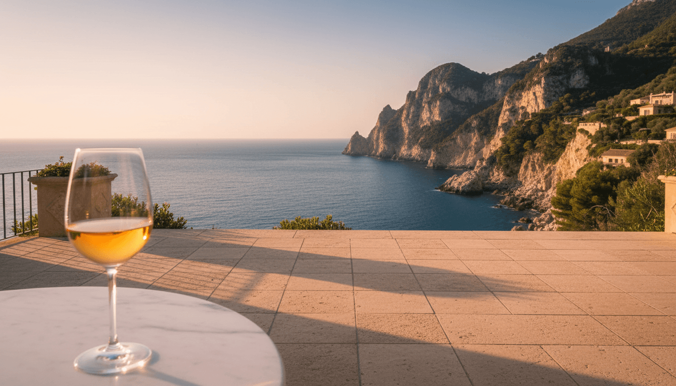 Luxury terrace overlooking the Italian Mediterranean coast at golden hour