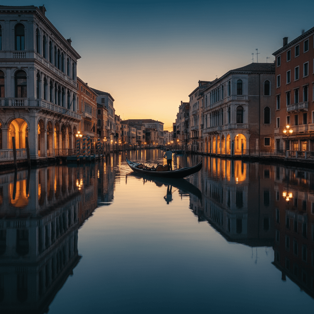 Venetian gondola on the Grand Canal at dusk