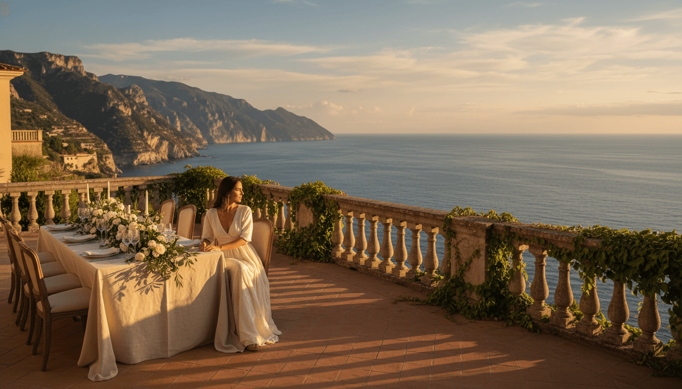Luxury Italian coastal villa terrace with elegant dining setup overlooking the Mediterranean Sea at golden hour