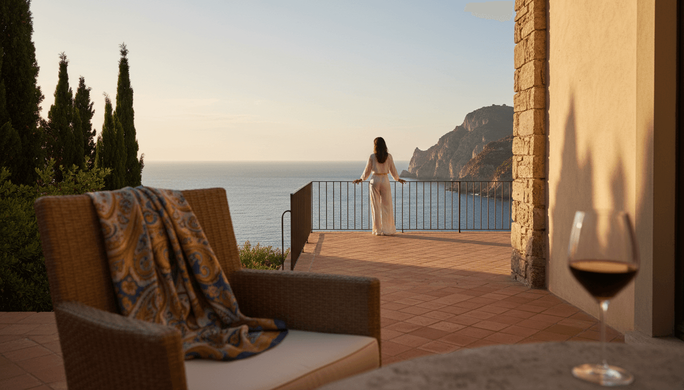 Traveler standing on a luxury terrace overlooking the Italian Amalfi Coast at golden hour