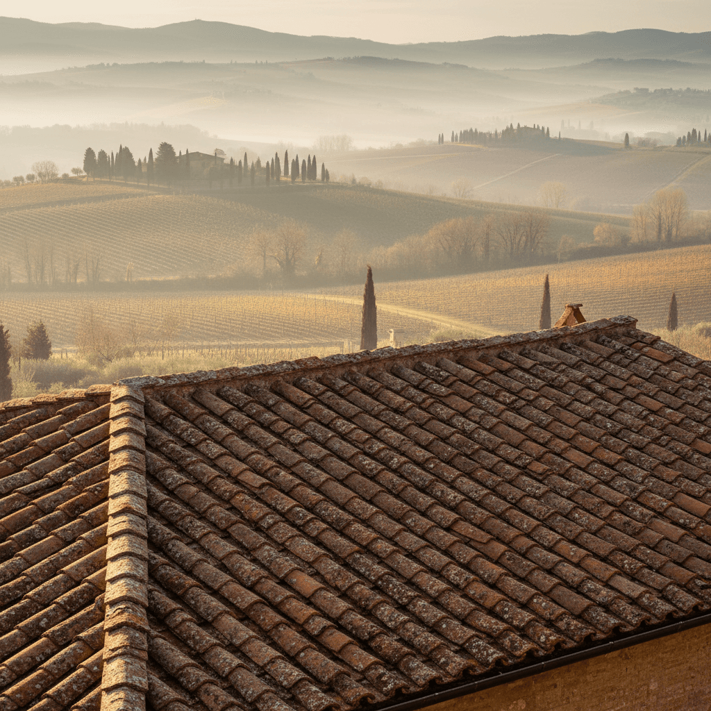 Tuscan villa overlooking vineyard-covered hills