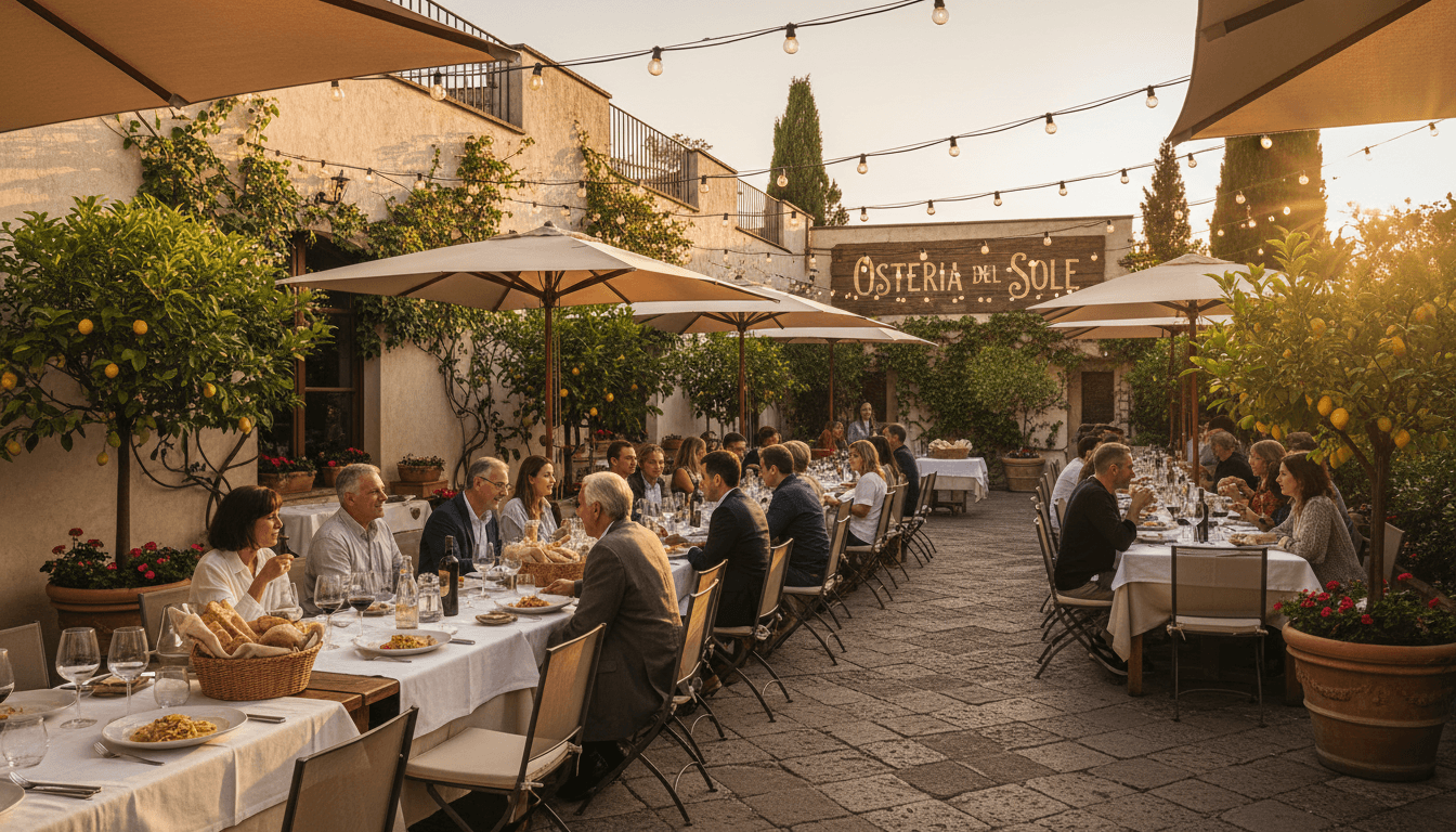 Families and diners gathered on candlelit outdoor terrace under string lights, enjoying Italian meal together